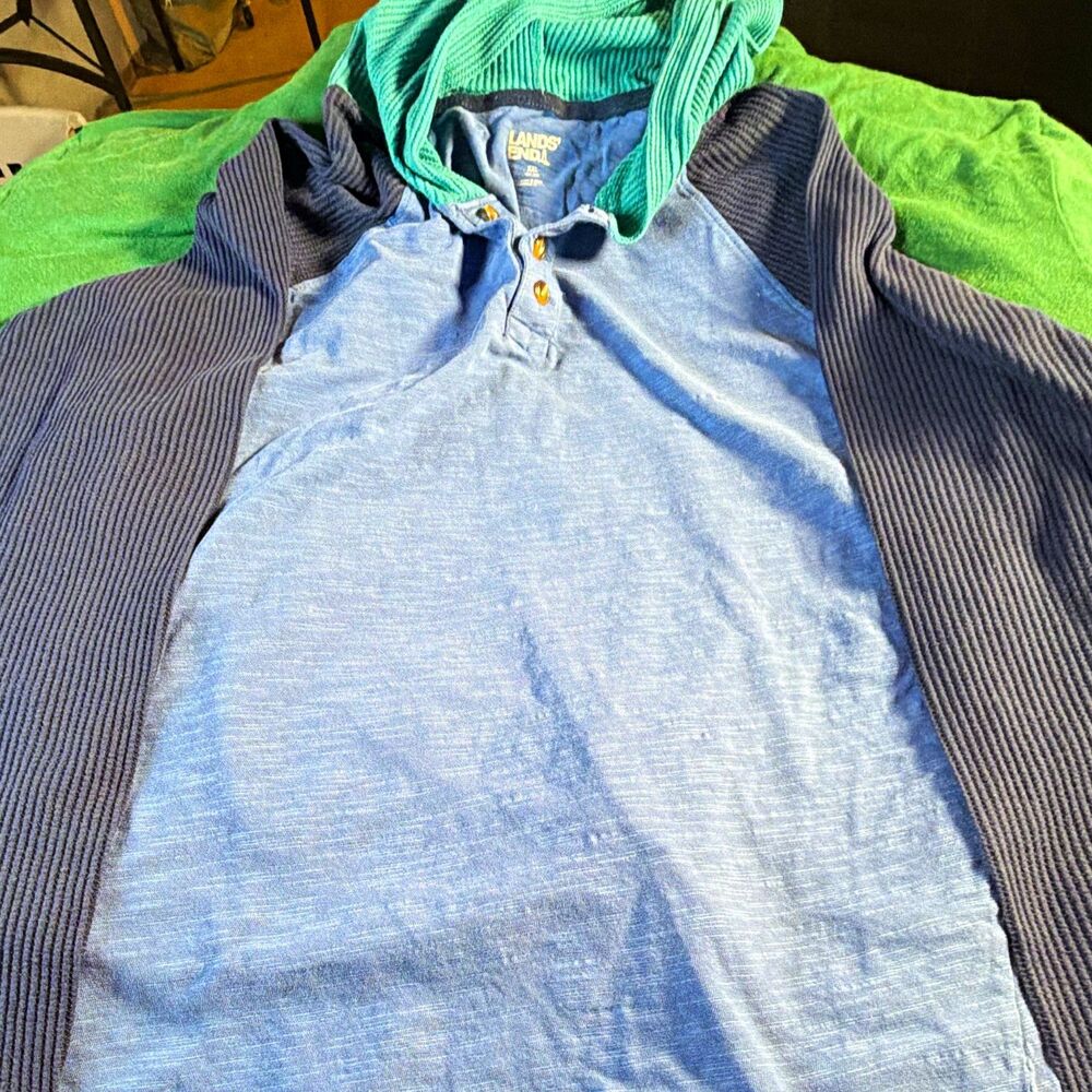 Lands' End Boys Blue/Green Colorblock Hooded Henley Button Pullover Hoodie XXL